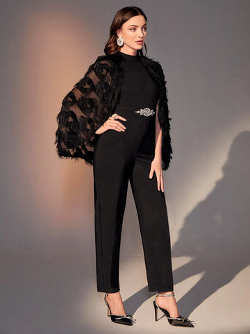 Modely Rhinestone Detail Fringe Trim Cloak Sleeve Mock Neck Jumpsuit