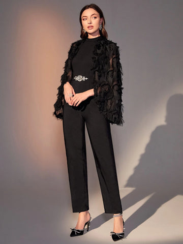 Modely Rhinestone Detail Fringe Trim Cloak Sleeve Mock Neck Jumpsuit