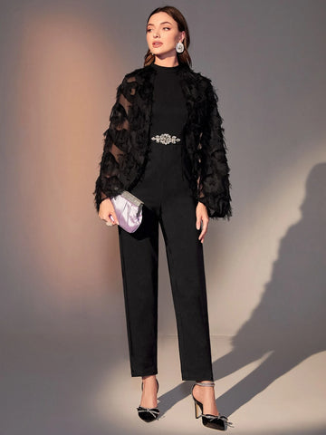 Modely Rhinestone Detail Fringe Trim Cloak Sleeve Mock Neck Jumpsuit