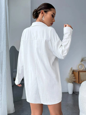 Patched Pocket Drop Shoulder Shirt Romper Without Bra