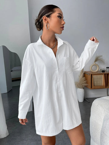 Patched Pocket Drop Shoulder Shirt Romper Without Bra