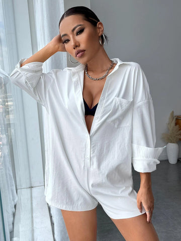 Patched Pocket Drop Shoulder Shirt Romper Without Bra