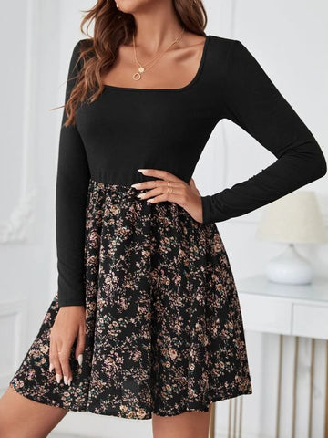 Ditsy Floral Square Neck Dress Without Belt