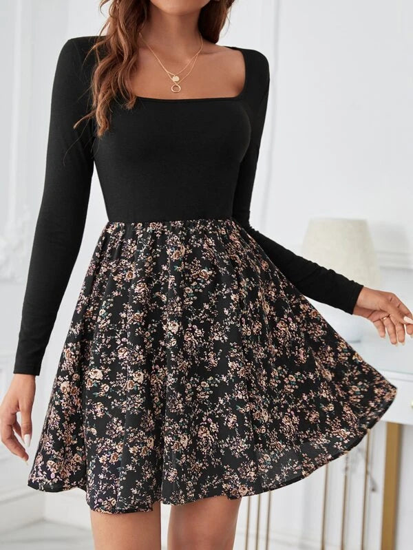 Ditsy Floral Square Neck Dress Without Belt