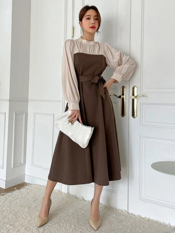 DAZY Two Tone Puff Sleeve Belted Dress
