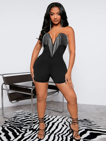 SXY Fringe Trim V Wired Unitard Tube Romper