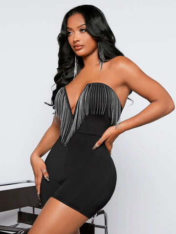 SXY Fringe Trim V Wired Unitard Tube Romper