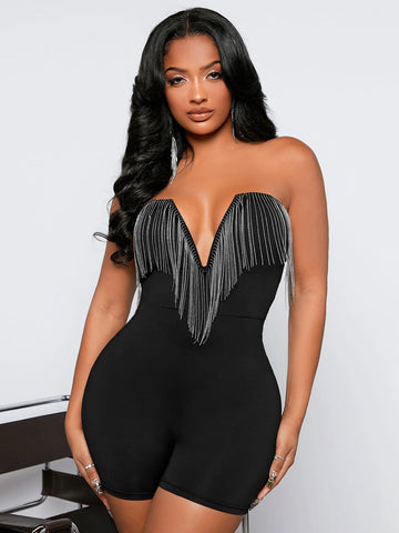 SXY Fringe Trim V Wired Unitard Tube Romper