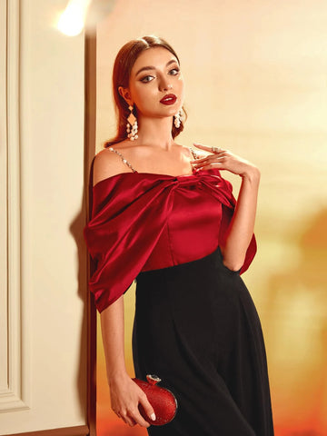 Modely Cold Shoulder Ruched Sleeve Satin Top