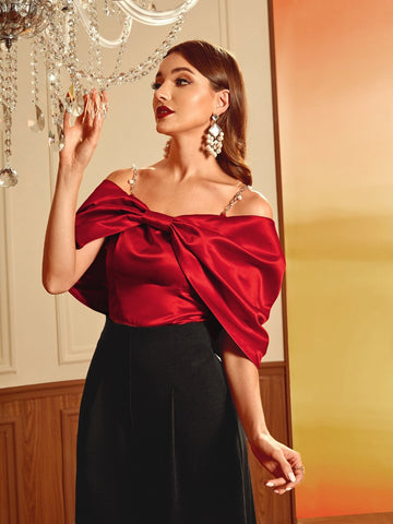 Modely Cold Shoulder Ruched Sleeve Satin Top