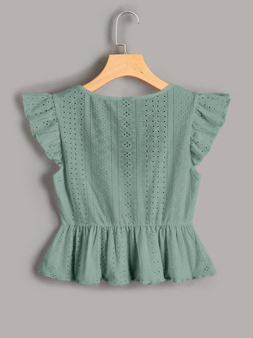 EZwear Butterfly Sleeve Drawstring Peplum Schiffy Blouse