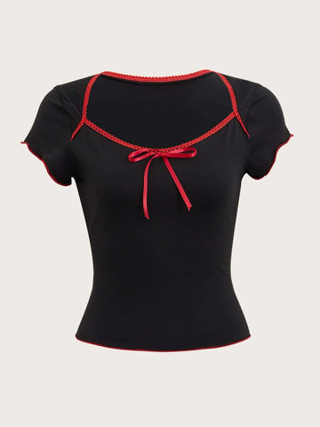 ROMWE Sweetness Contrast Binding Lettuce Trim Tee