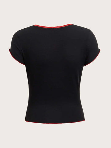 ROMWE Sweetness Contrast Binding Lettuce Trim Tee
