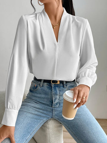 Fold Pleated Lantern Sleeve Blouse