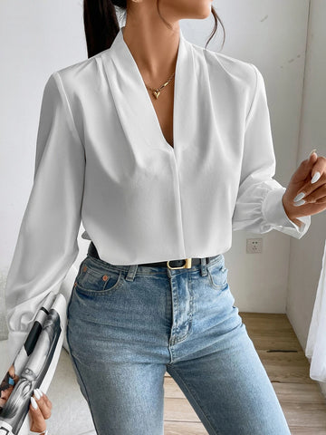 Fold Pleated Lantern Sleeve Blouse