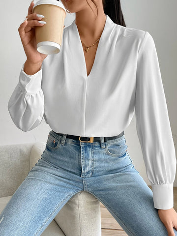 Fold Pleated Lantern Sleeve Blouse