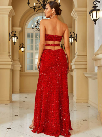 LOVE&LEMONADE Cut Out Back Split Thigh Sequin Tube Dress