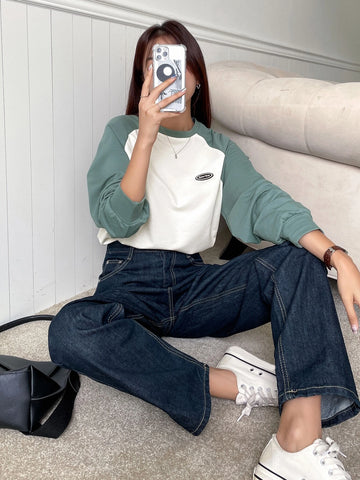DAZY Letter Patched Colorblock Raglan Sleeve Tee