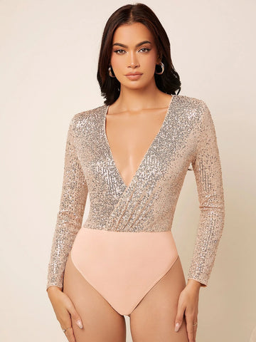 Plunging Neck Sequin Bodysuit
