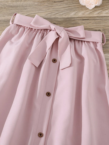 Girls Figure Print Tee & Belted Button Front Skirt