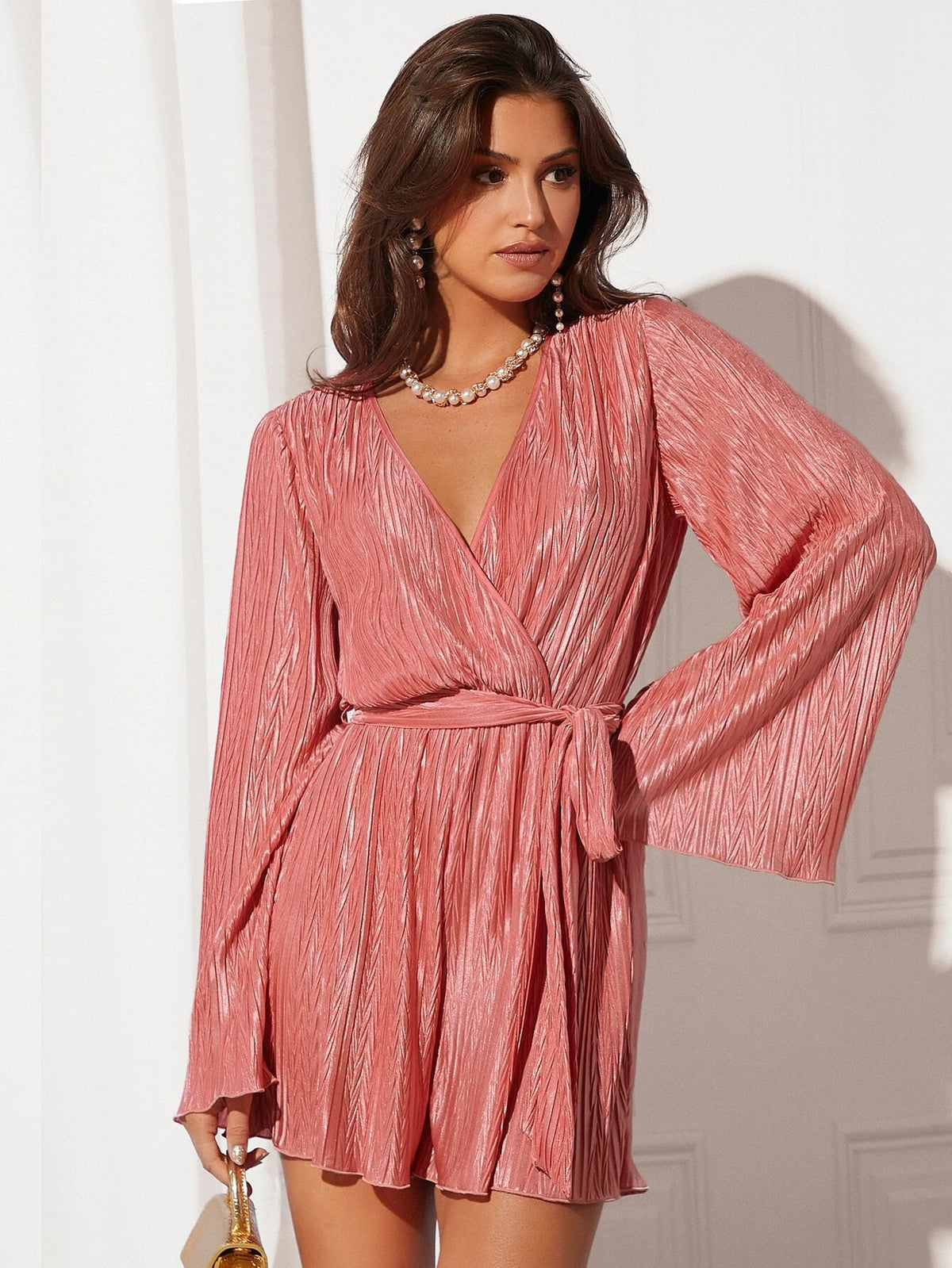 Surplice Neck Textured Belted Romper