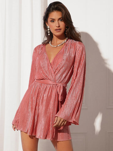 Surplice Neck Textured Belted Romper