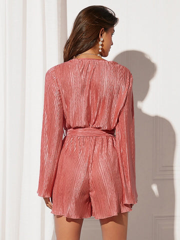 Surplice Neck Textured Belted Romper