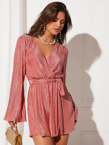 Surplice Neck Textured Belted Romper