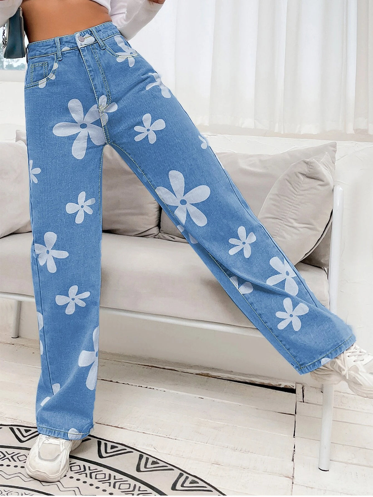 Floral Print High Waist Straight Leg Jeans