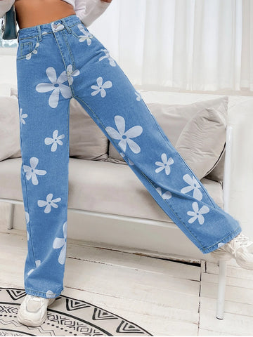 Floral Print High Waist Straight Leg Jeans