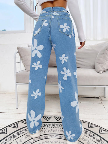 Floral Print High Waist Straight Leg Jeans