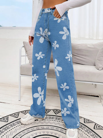 Floral Print High Waist Straight Leg Jeans