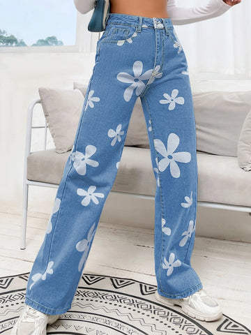 Floral Print High Waist Straight Leg Jeans