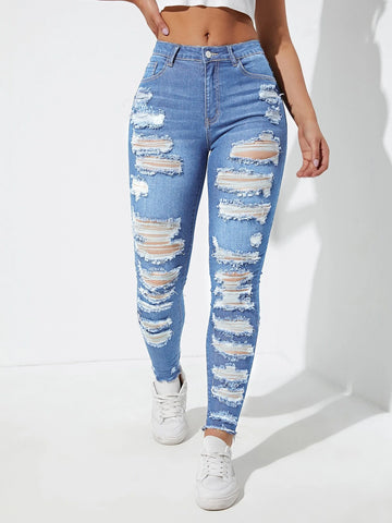 Ladder Distressed Raw Trim Skinny Jeans