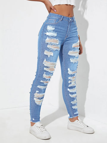 Ladder Distressed Raw Trim Skinny Jeans