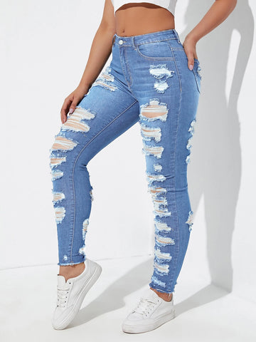 Ladder Distressed Raw Trim Skinny Jeans