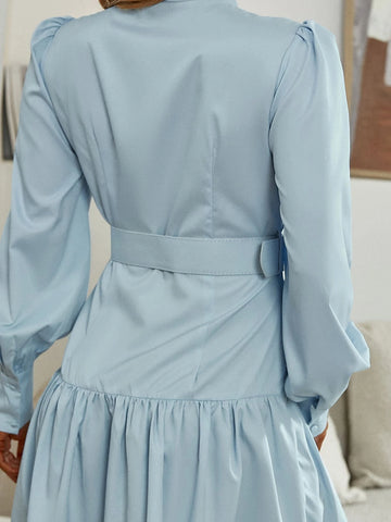 Simplee Mock Neck Lace Trim Buckle Belted Dress