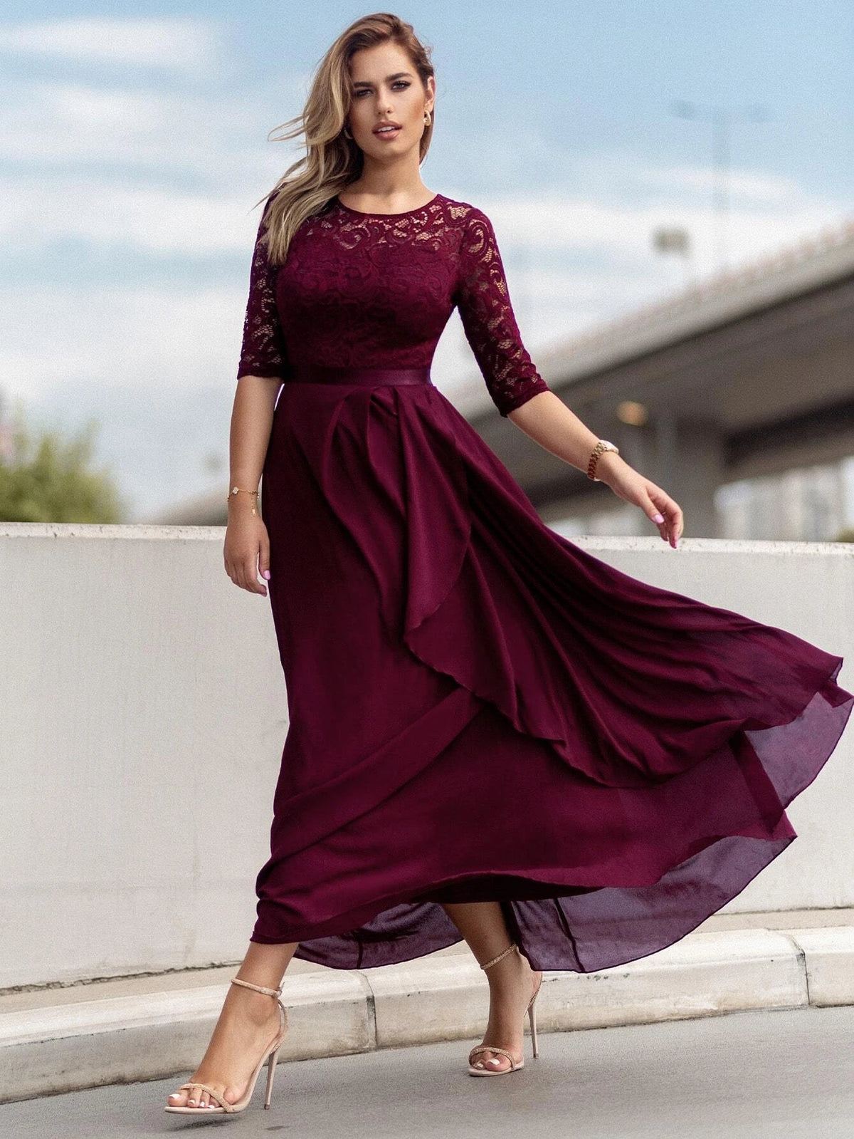 MIUSOL Lace Yoke Ruffle Trim Chiffon Formal Dress