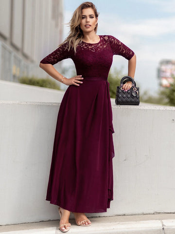 MIUSOL Lace Yoke Ruffle Trim Chiffon Formal Dress