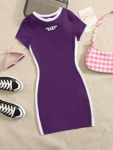 Teen Girls Letter Graphic Contrast Trim Dress
