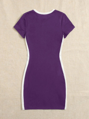 Teen Girls Letter Graphic Contrast Trim Dress