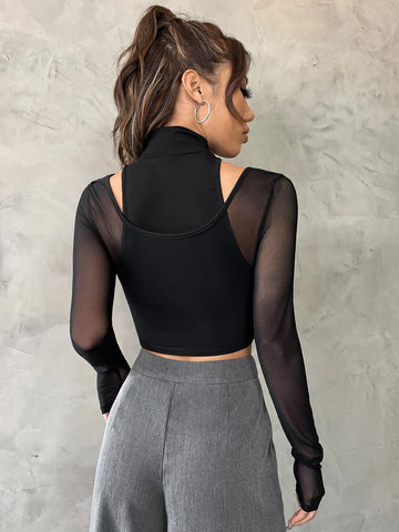 High Neck Cut Out Mesh Top