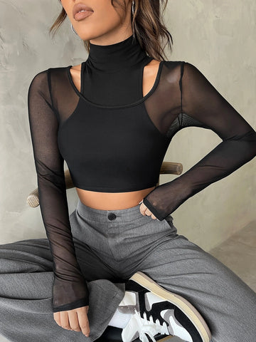 High Neck Cut Out Mesh Top