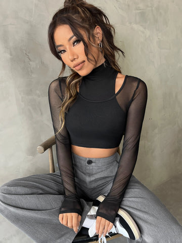 High Neck Cut Out Mesh Top