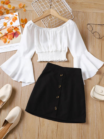 Girls Flounce Sleeve Shirred Hem Blouse & Fake Button Skirt