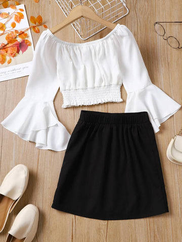Girls Flounce Sleeve Shirred Hem Blouse & Fake Button Skirt
