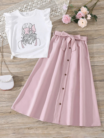 Girls Figure Print Tee & Belted Button Front Skirt