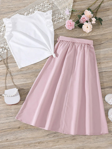 Girls Figure Print Tee & Belted Button Front Skirt