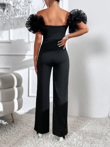 Off Shoulder Contrast Mesh Ruffle Trim Jumpsuit