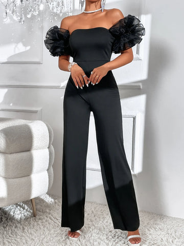 Off Shoulder Contrast Mesh Ruffle Trim Jumpsuit